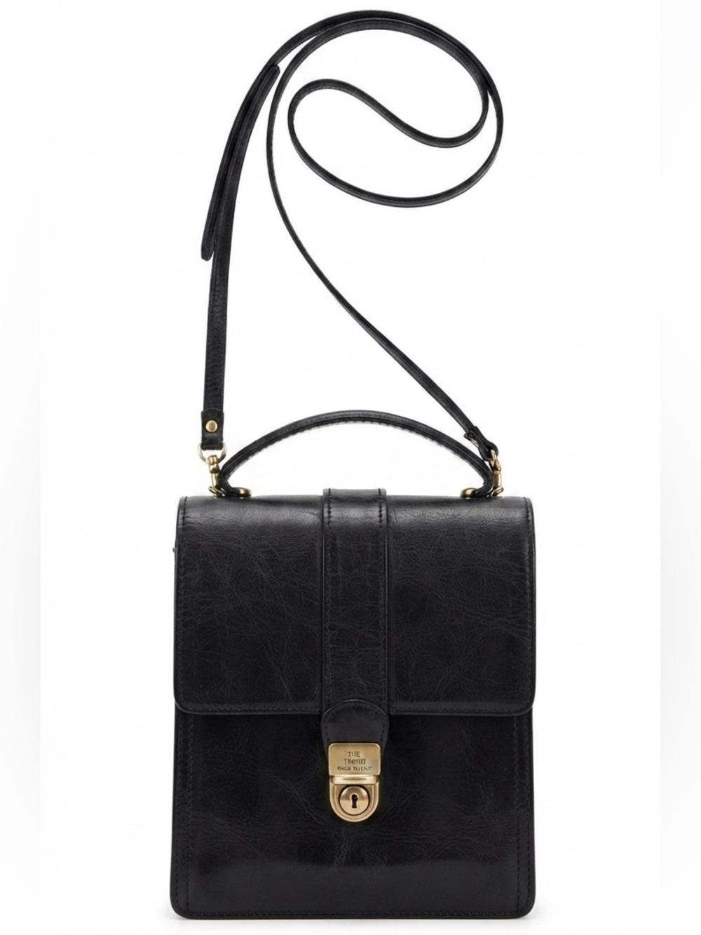 The Trend Black Leather Crossbody Messenger Bag with Top Handle and Gold Lock